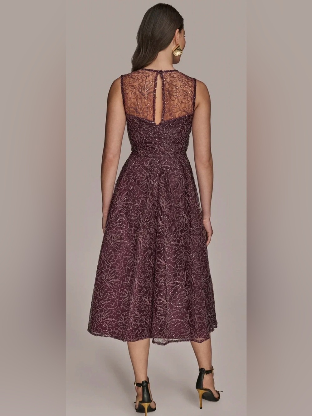 Donna Karan New York Plum Lace Sequin A-Line Formal Midi Dress Lined Size 10 - Picture 2 of 5